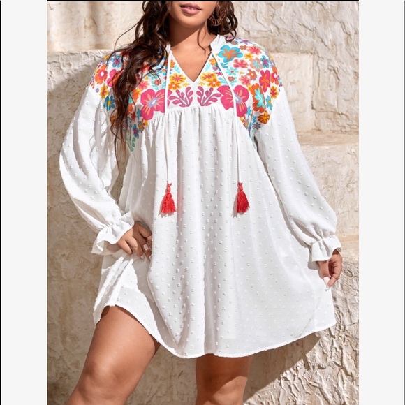 Dresses & Skirts - Boho Oversize Loose Fit Swiss Dot Floral Print Tassel Flounce Sleeve Dress White